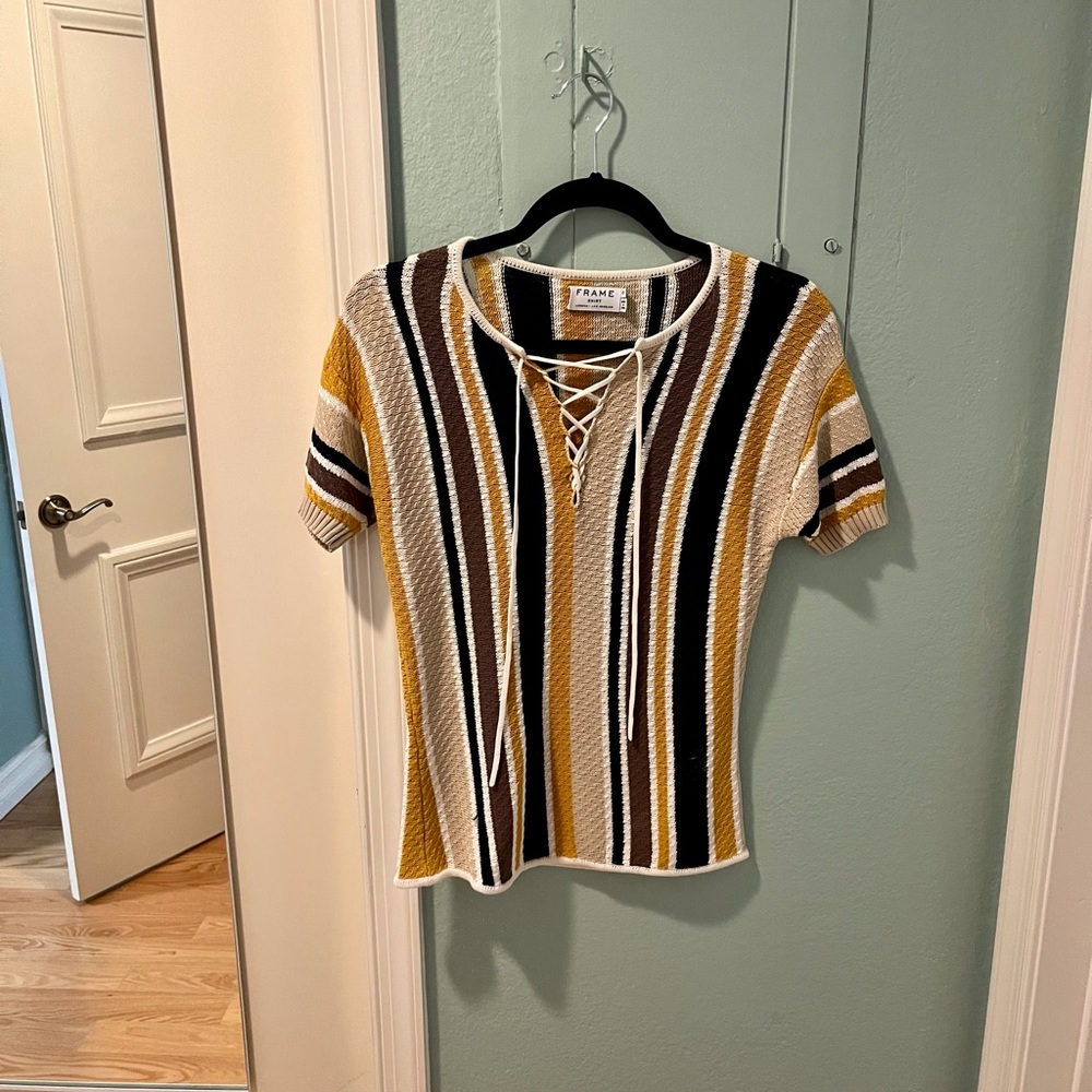 Frame Denim Lace-up Striped Knit Short-sleeve Top
